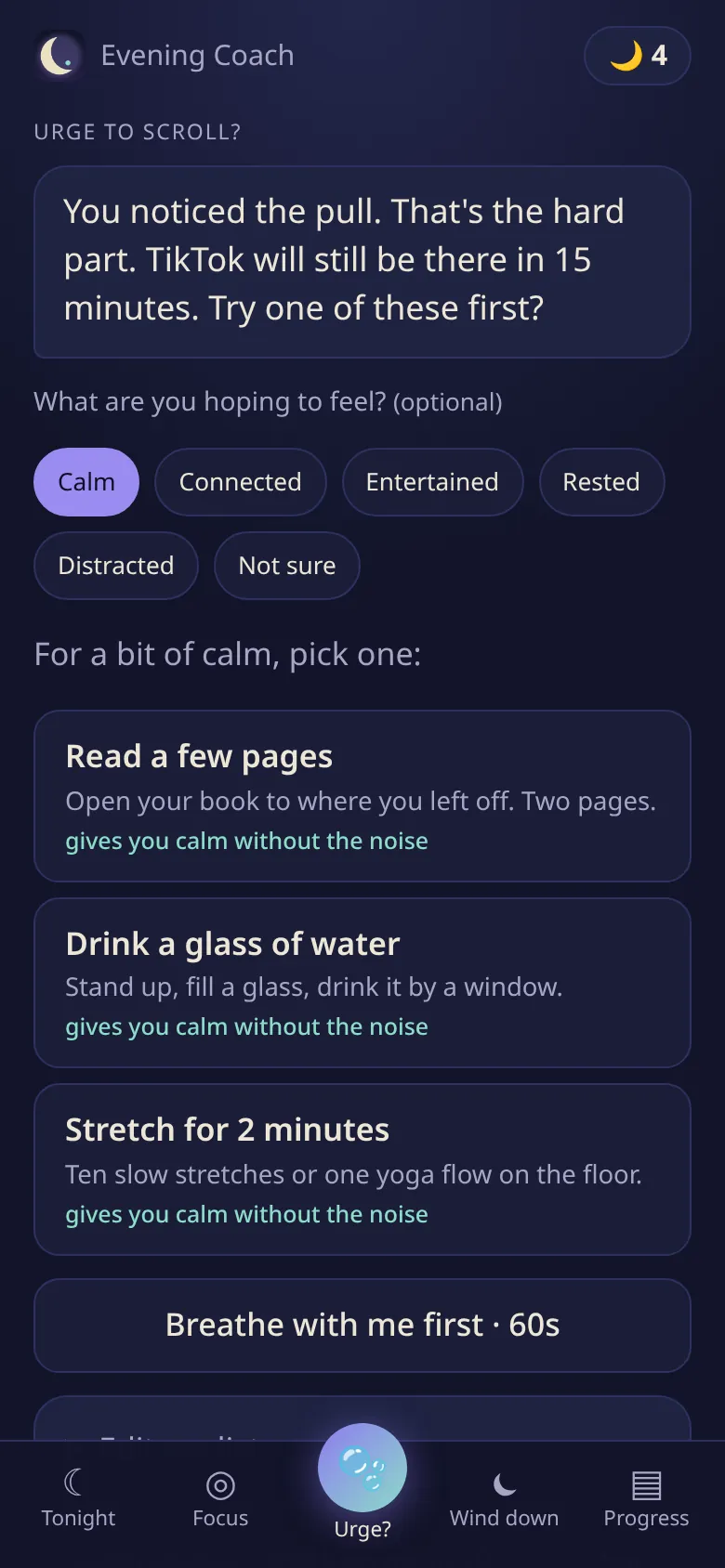 The intervention screen: a short, kind message from the coach and three small alternatives, like reading a few pages or stretching for two minutes.
